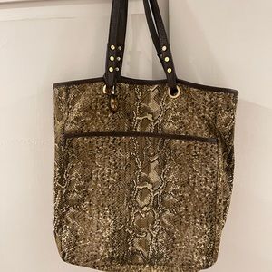 Tory Burch Canvas Reptile Print Tote with Brown Leather Detail
